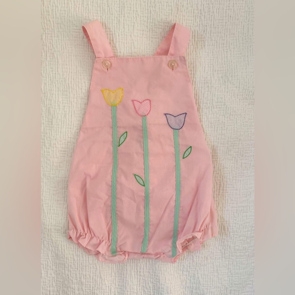 Vintage Pink Tulip Applique Bubble Romper - Kids Bottoms